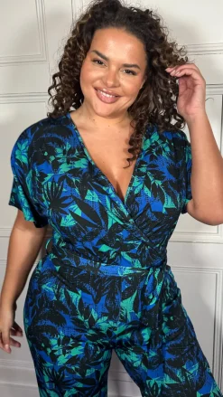 CurveWow Printed Slinky Wrap Jumpsuit Green Tropical