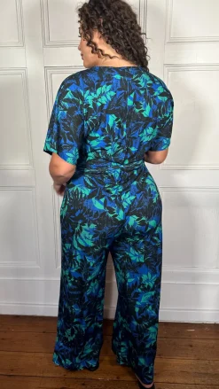 CurveWow Printed Slinky Wrap Jumpsuit Green Tropical