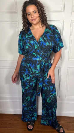 CurveWow Printed Slinky Wrap Jumpsuit Green Tropical