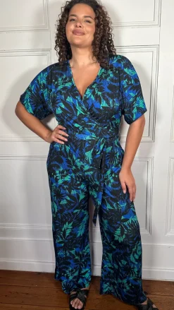 CurveWow Printed Slinky Wrap Jumpsuit Green Tropical