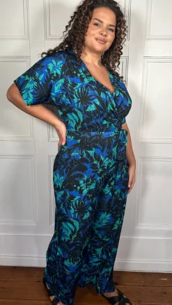 CurveWow Printed Slinky Wrap Jumpsuit Green Tropical