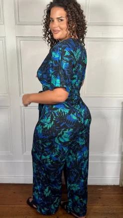 CurveWow Printed Slinky Wrap Jumpsuit Green Tropical