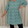 CurveWow Printed Smock Mini Dress Green Ditsy