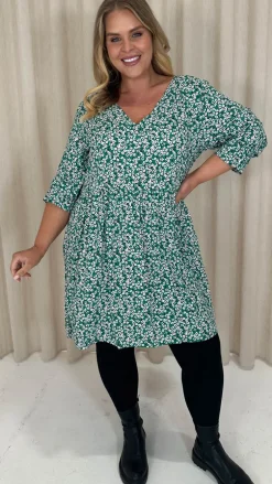 CurveWow Printed Smock Mini Dress Green Ditsy