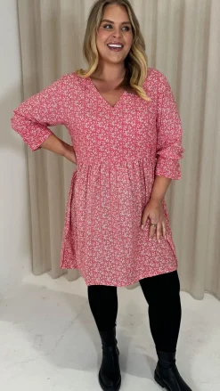CurveWow Printed Smock Mini Dress Red Ditsy