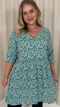 CurveWow Printed Smock Mini Dress Green Ditsy