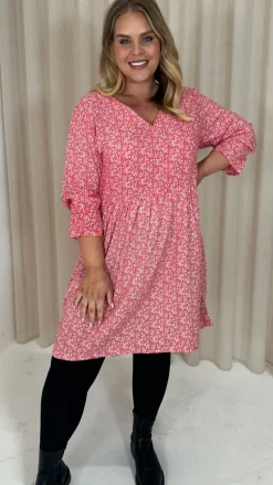 CurveWow Printed Smock Mini Dress Red Ditsy