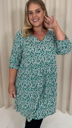 CurveWow Printed Smock Mini Dress Green Ditsy