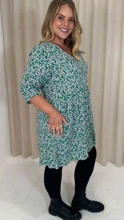 CurveWow Printed Smock Mini Dress Green Ditsy