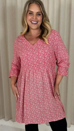 CurveWow Printed Smock Mini Dress Red Ditsy