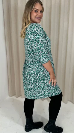 CurveWow Printed Smock Mini Dress Green Ditsy