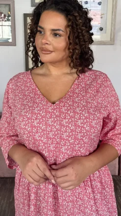 CurveWow Printed Smock Mini Dress Red Ditsy