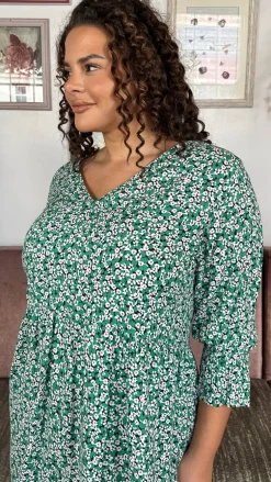 CurveWow Printed Smock Mini Dress Green Ditsy