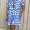 CurveWow Printed Tie Front Smock Dress Blue Aztec