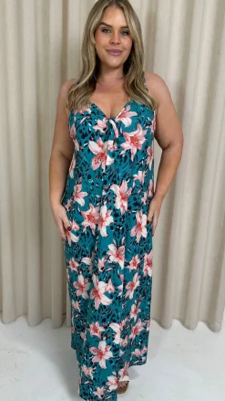 CurveWow Printed Tie Front Maxi Dress Teal Animal Floral