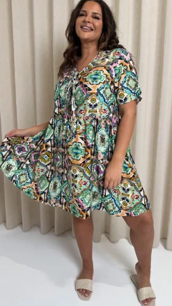 CurveWow Printed Tie Front Smock Dress Multi Aztec