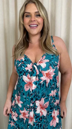 CurveWow Printed Tie Front Maxi Dress Teal Animal Floral