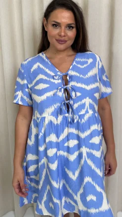 CurveWow Printed Tie Front Smock Dress Blue Aztec