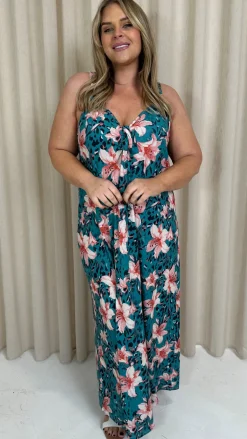 CurveWow Printed Tie Front Maxi Dress Teal Animal Floral