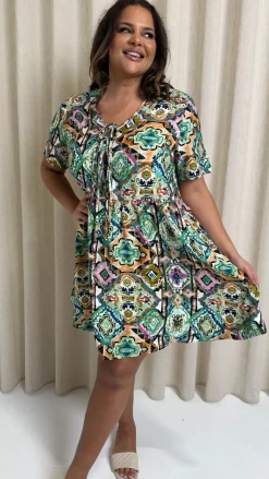 CurveWow Printed Tie Front Smock Dress Multi Aztec