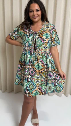 CurveWow Printed Tie Front Smock Dress Multi Aztec