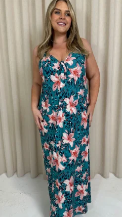 CurveWow Printed Tie Front Maxi Dress Teal Animal Floral