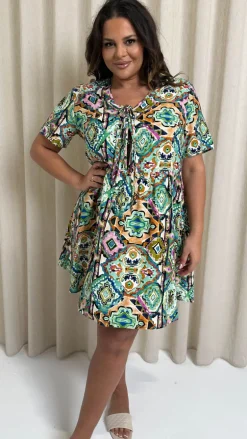 CurveWow Printed Tie Front Smock Dress Multi Aztec