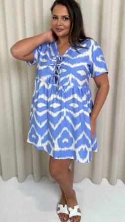 CurveWow Printed Tie Front Smock Dress Blue Aztec