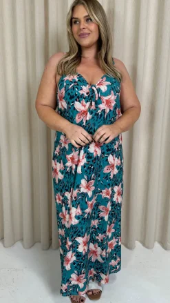 CurveWow Printed Tie Front Maxi Dress Teal Animal Floral