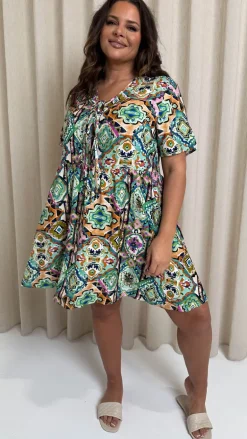 CurveWow Printed Tie Front Smock Dress Multi Aztec