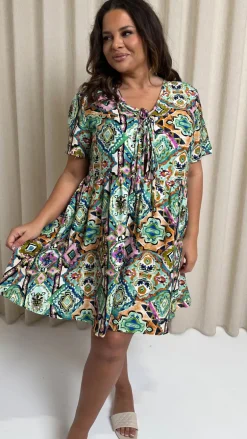 CurveWow Printed Tie Front Smock Dress Multi Aztec