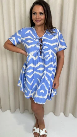CurveWow Printed Tie Front Smock Dress Blue Aztec