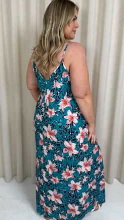 CurveWow Printed Tie Front Maxi Dress Teal Animal Floral