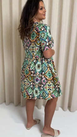 CurveWow Printed Tie Front Smock Dress Multi Aztec