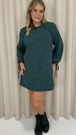 CurveWow Printed Tie Sleeve Shift Dress Teal Spot