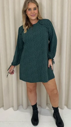 CurveWow Printed Tie Sleeve Shift Dress Teal Spot