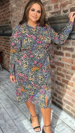 CurveWow Printed Tie Waist Shirt Dress Black Multi Floral Ditsy