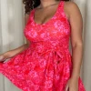 CurveWow Printed Tie Waist Swimdress Red Floral