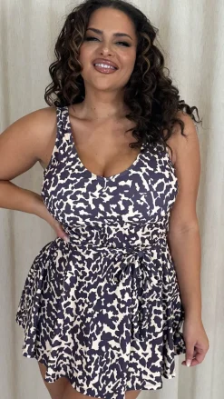 CurveWow Printed Tie Waist Swimdress Leopard