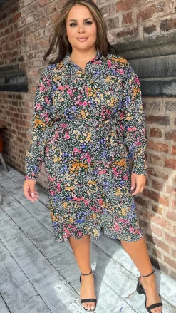 CurveWow Printed Tie Waist Shirt Dress Black Multi Floral Ditsy