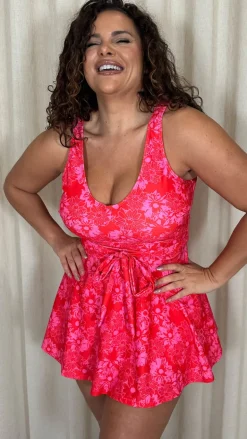 CurveWow Printed Tie Waist Swimdress Red Floral