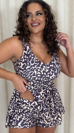 CurveWow Printed Tie Waist Swimdress Leopard