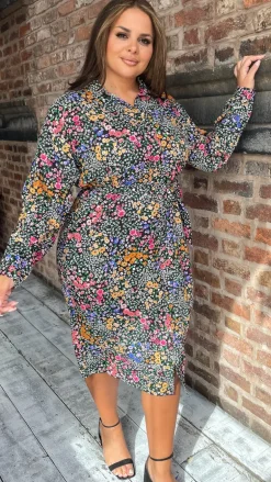 CurveWow Printed Tie Waist Shirt Dress Black Multi Floral Ditsy