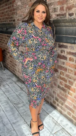 CurveWow Printed Tie Waist Shirt Dress Black Multi Floral Ditsy