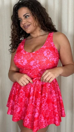 CurveWow Printed Tie Waist Swimdress Red Floral