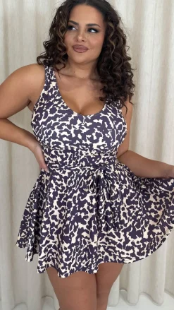 CurveWow Printed Tie Waist Swimdress Leopard