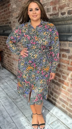 CurveWow Printed Tie Waist Shirt Dress Black Multi Floral Ditsy