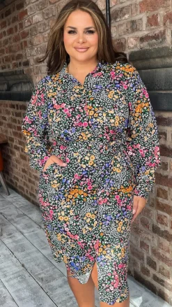 CurveWow Printed Tie Waist Shirt Dress Black Multi Floral Ditsy