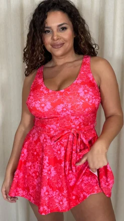 CurveWow Printed Tie Waist Swimdress Red Floral