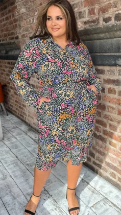 CurveWow Printed Tie Waist Shirt Dress Black Multi Floral Ditsy